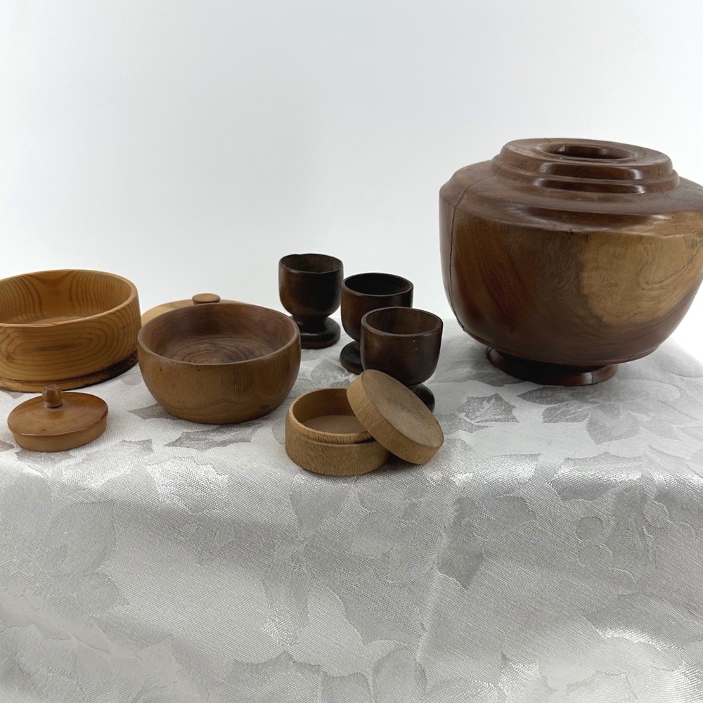Handmade Walnut Vessel 2005 Brown Fair Mixed Vintage Wooden Bowls Egg Cups Set